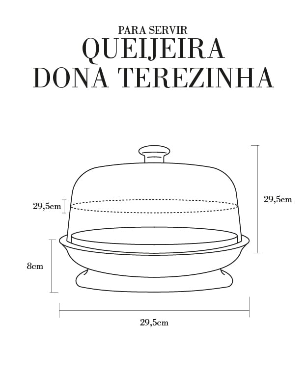 Fixa técnica da queijeira dona Terezinha, dimensões em LAP. largura possui 29,5cm, altura 29,5cm, profundidade de 29,5cm.