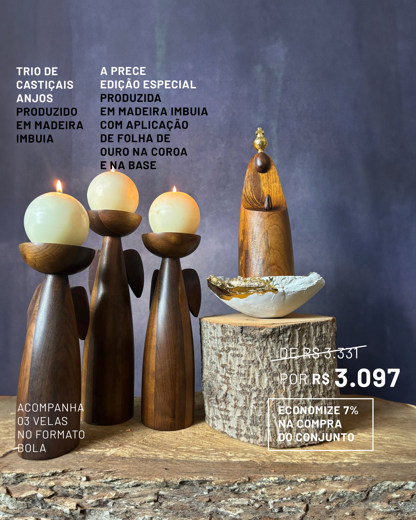 Conjunto A Prece - Edição Especial em Folha Metálica Dourada com Castiçais Anjo Com Asas