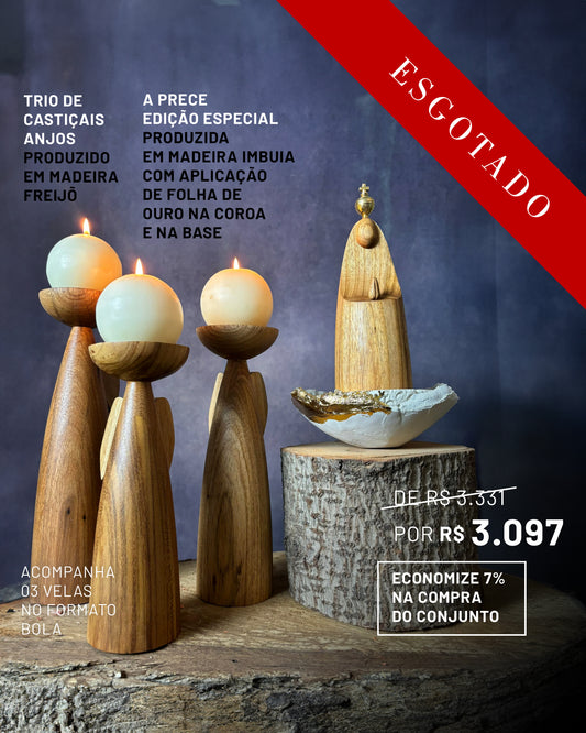 Conjunto A Prece - Edição Especial em Folha Metálica Dourada com Castiçais Anjo Com Asas